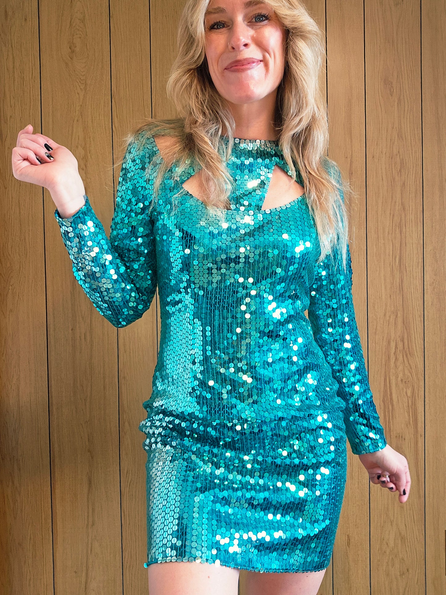 80s NiteLine Della Roufogali Sequin Cut Out Dress (M)