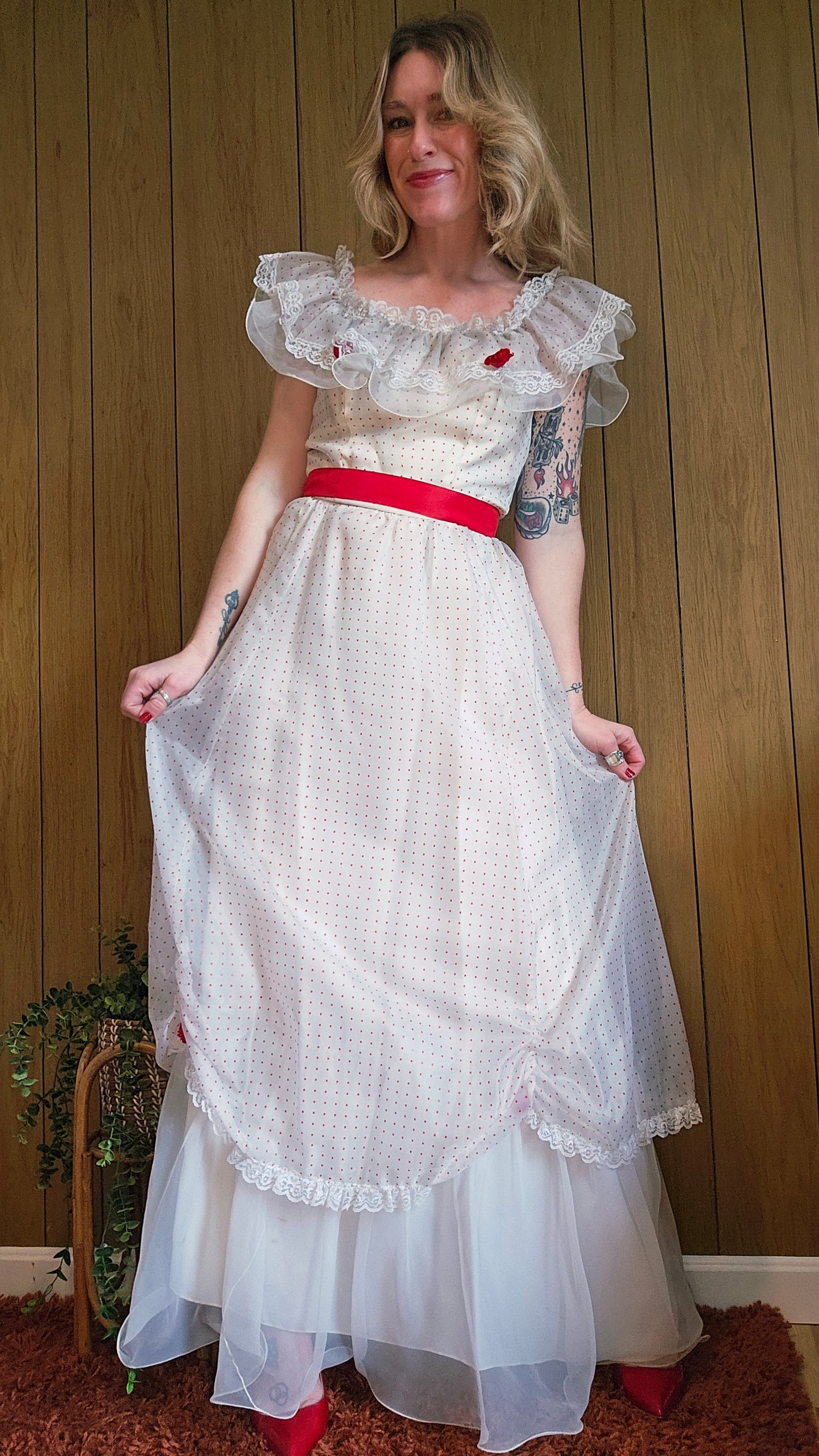 70s Romantic Red & White Dress (M)