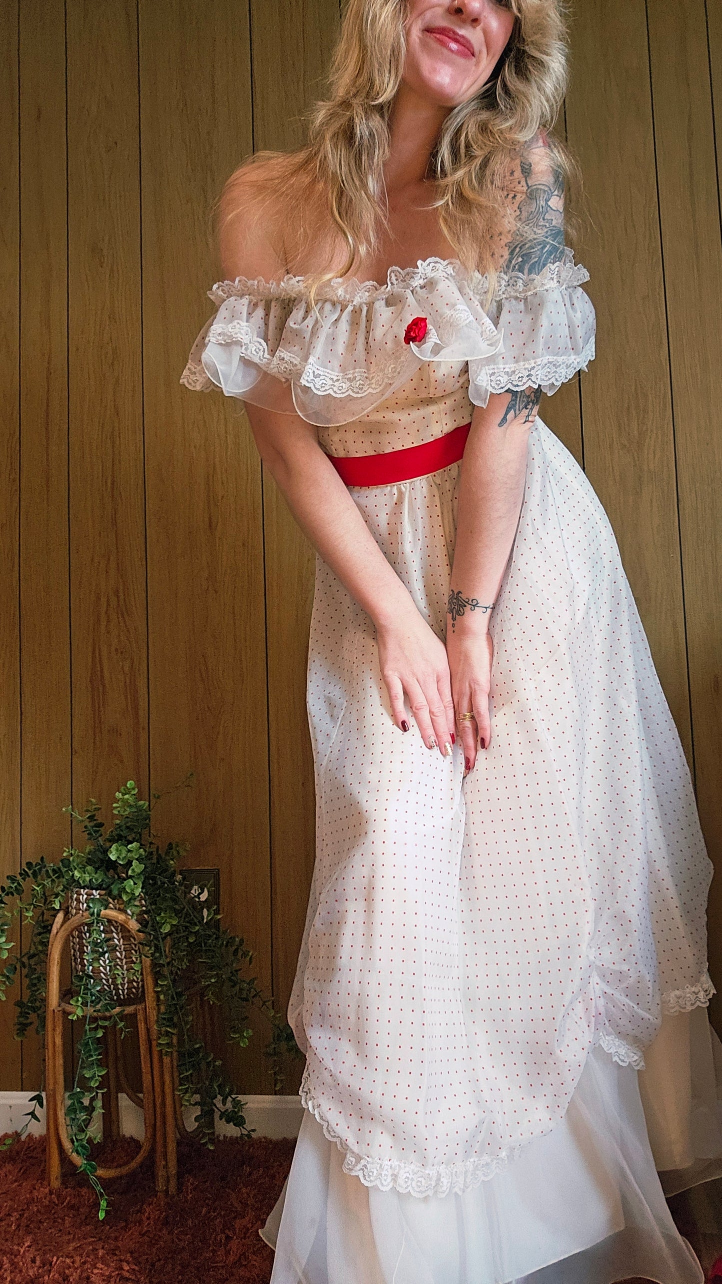 70s Romantic Red & White Dress (M)