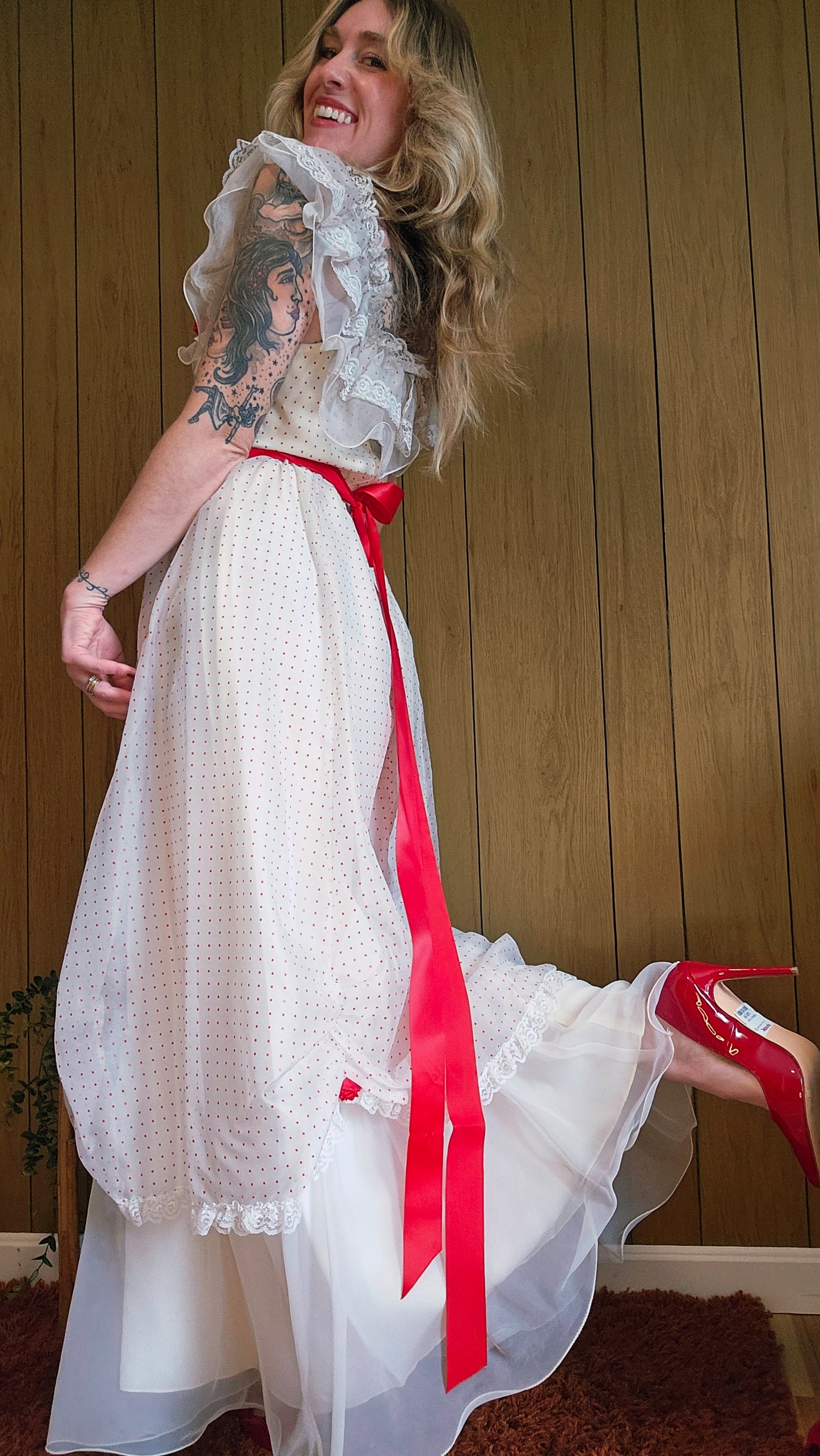 70s Romantic Red & White Dress (M)