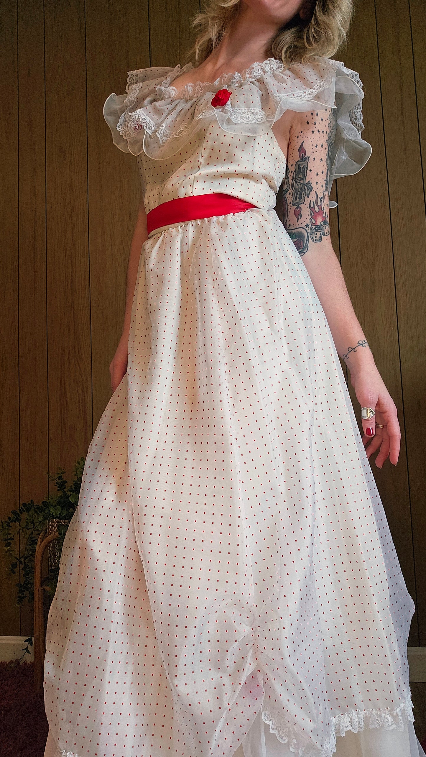 70s Romantic Red & White Dress (M)