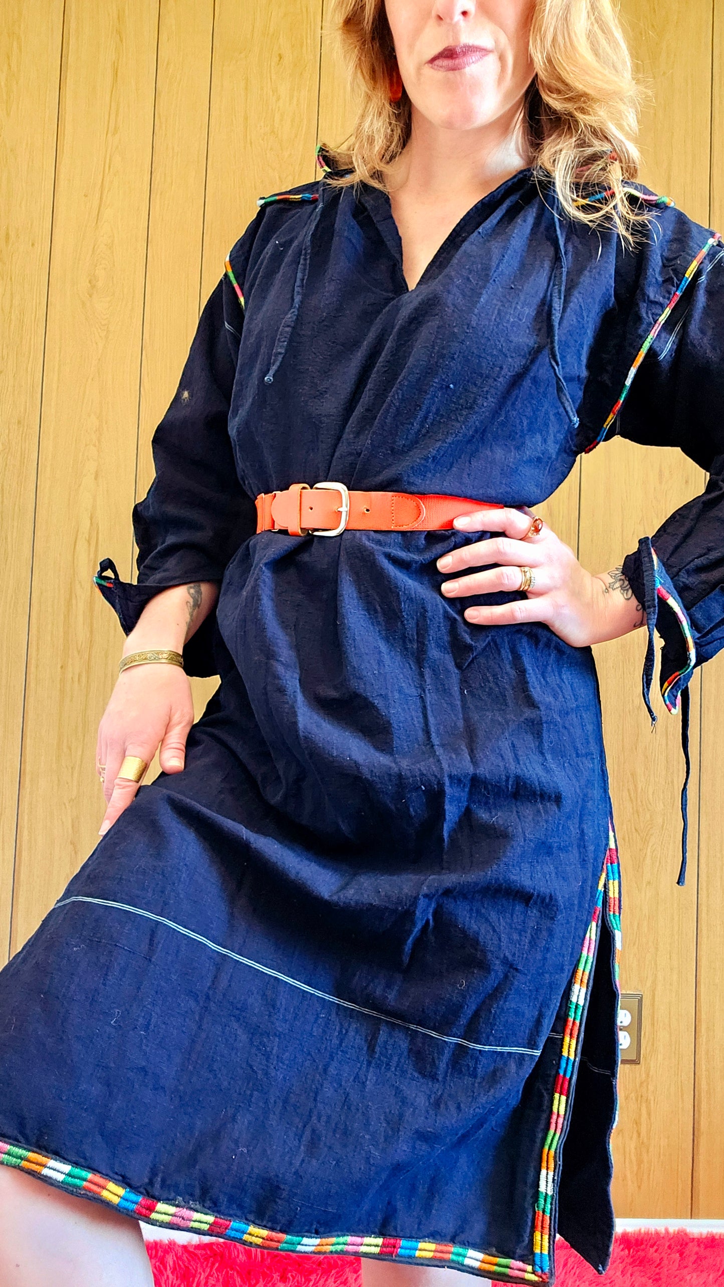 60s Navy Blue Dress with Rainbow Embroidery (M/L)