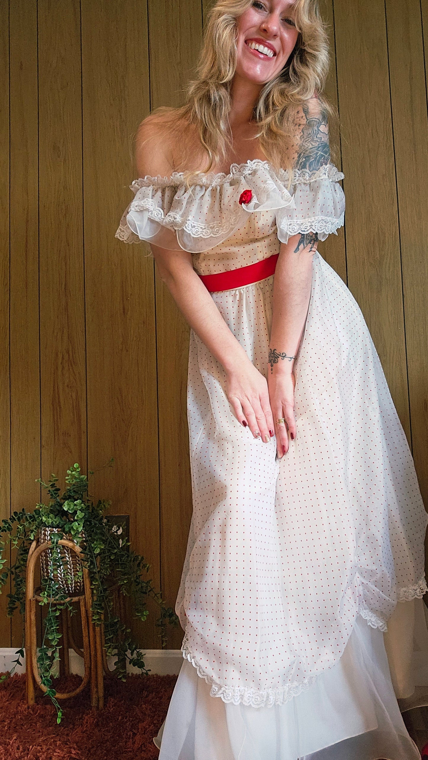 70s Romantic Red & White Dress (M)