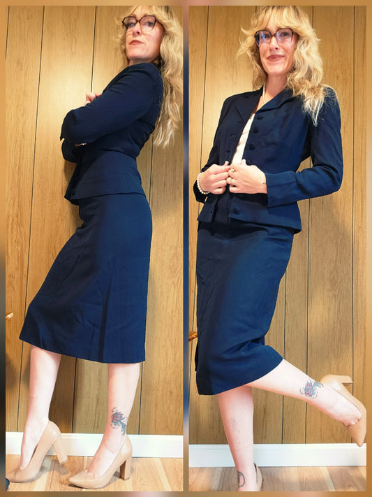 1950s Navy Blue Skirt Suit (XS/S)