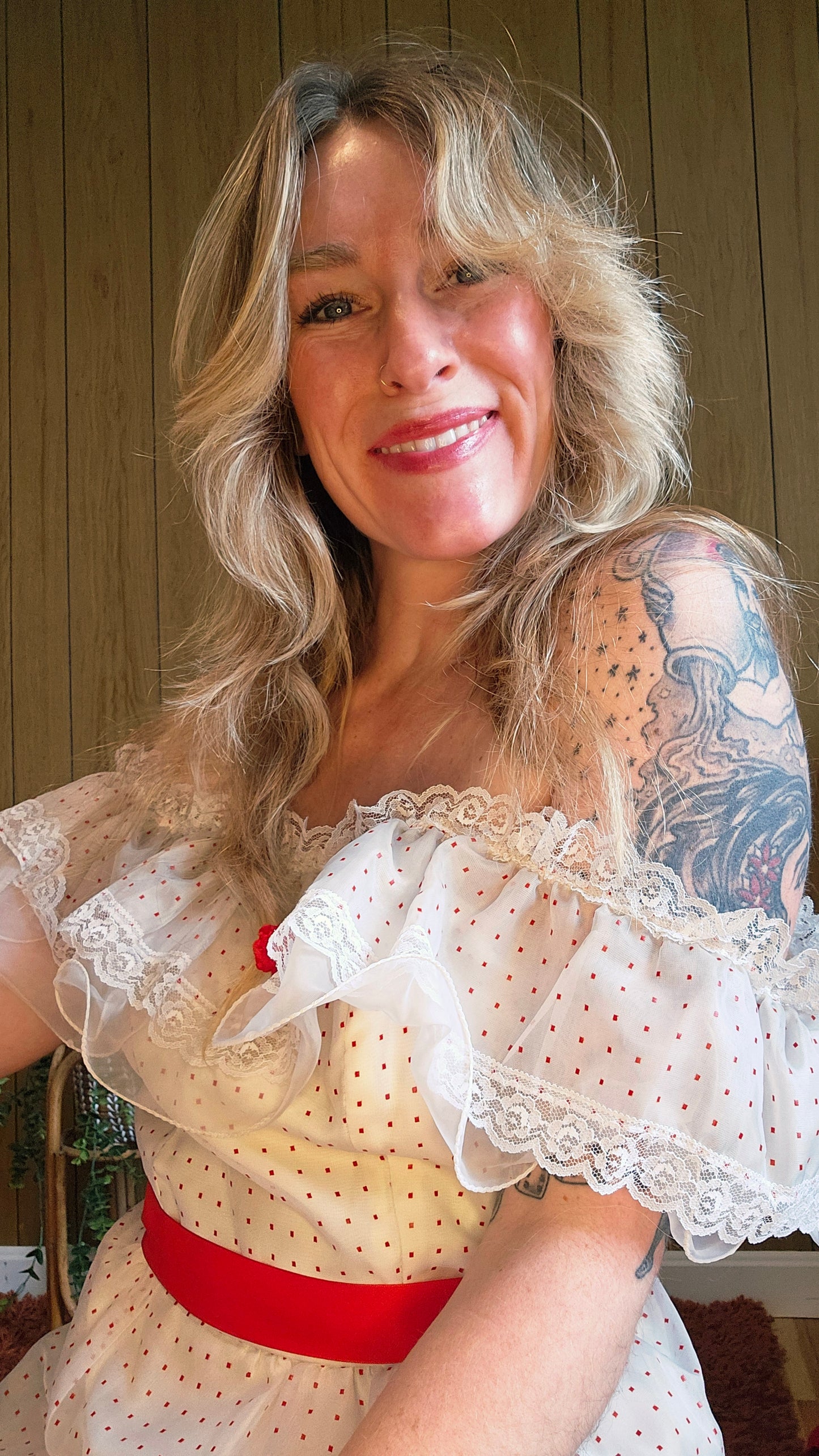 70s Romantic Red & White Dress (M)