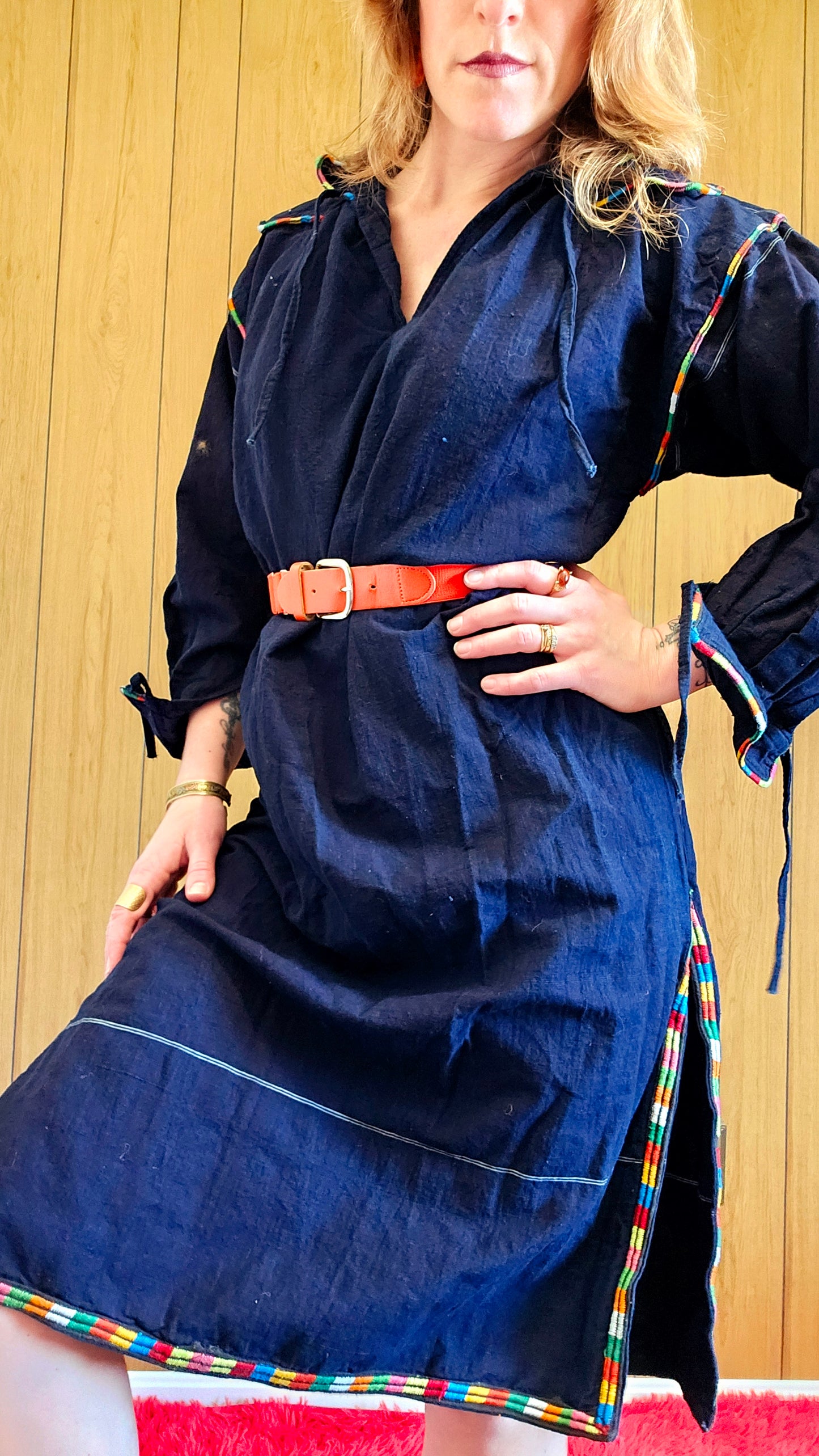 60s Navy Blue Dress with Rainbow Embroidery (M/L)
