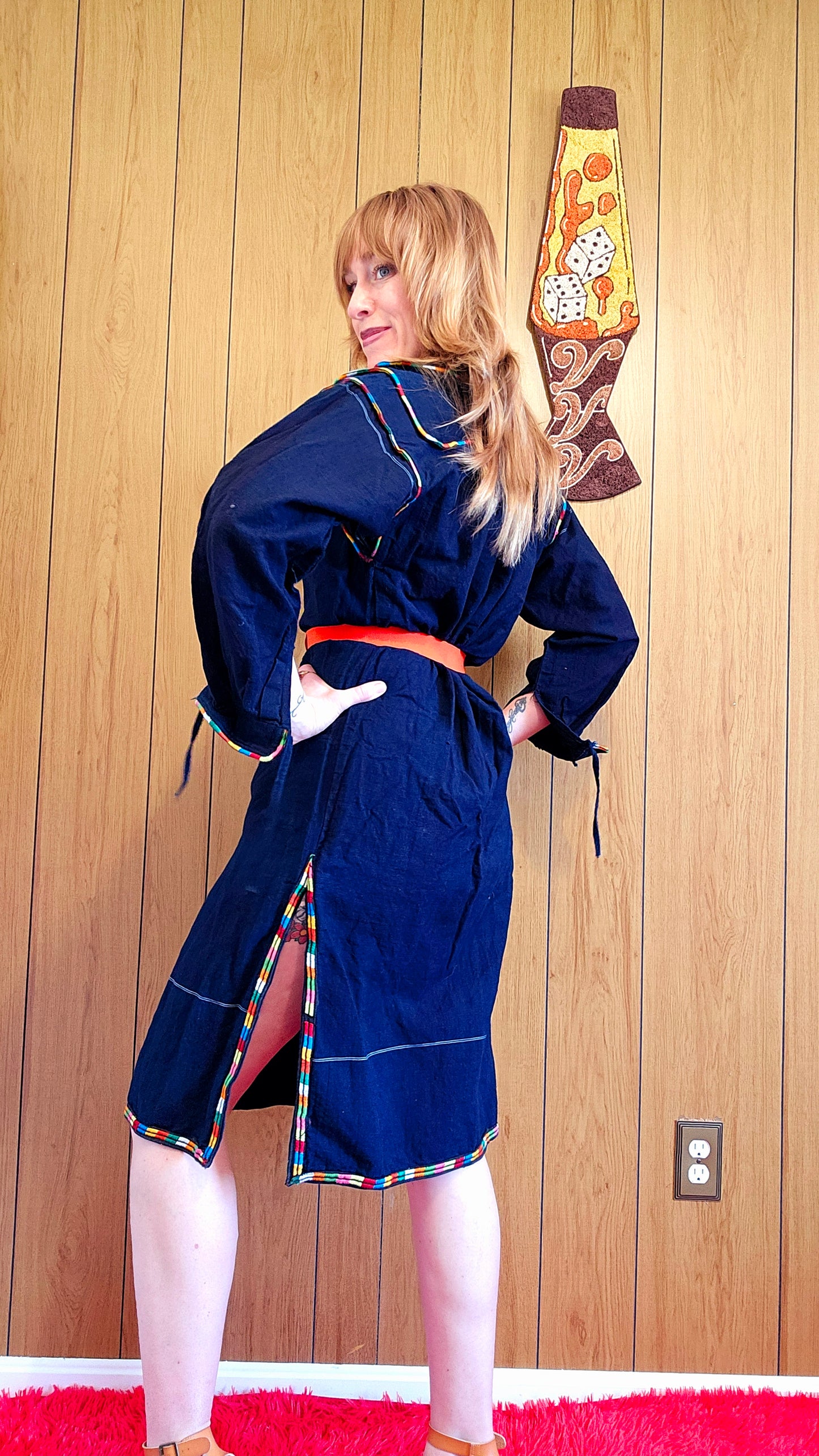 60s Navy Blue Dress with Rainbow Embroidery (M/L)