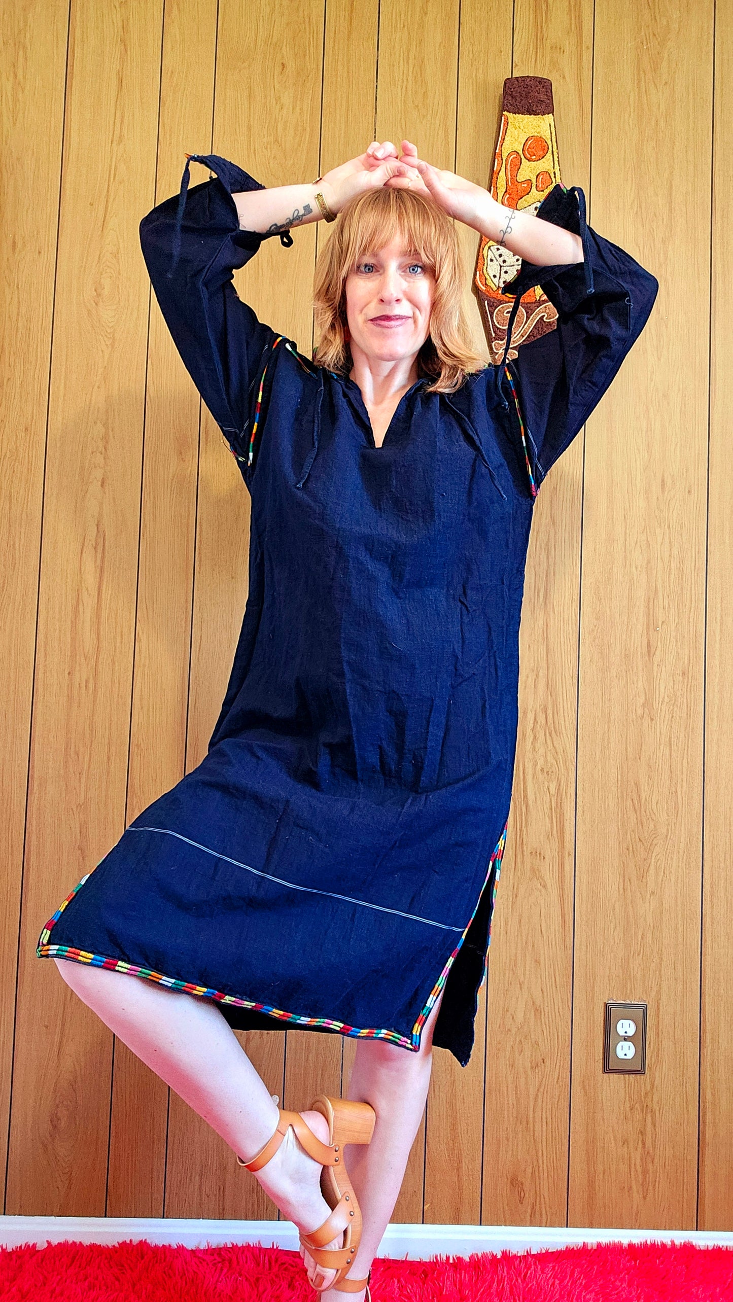 60s Navy Blue Dress with Rainbow Embroidery (M/L)