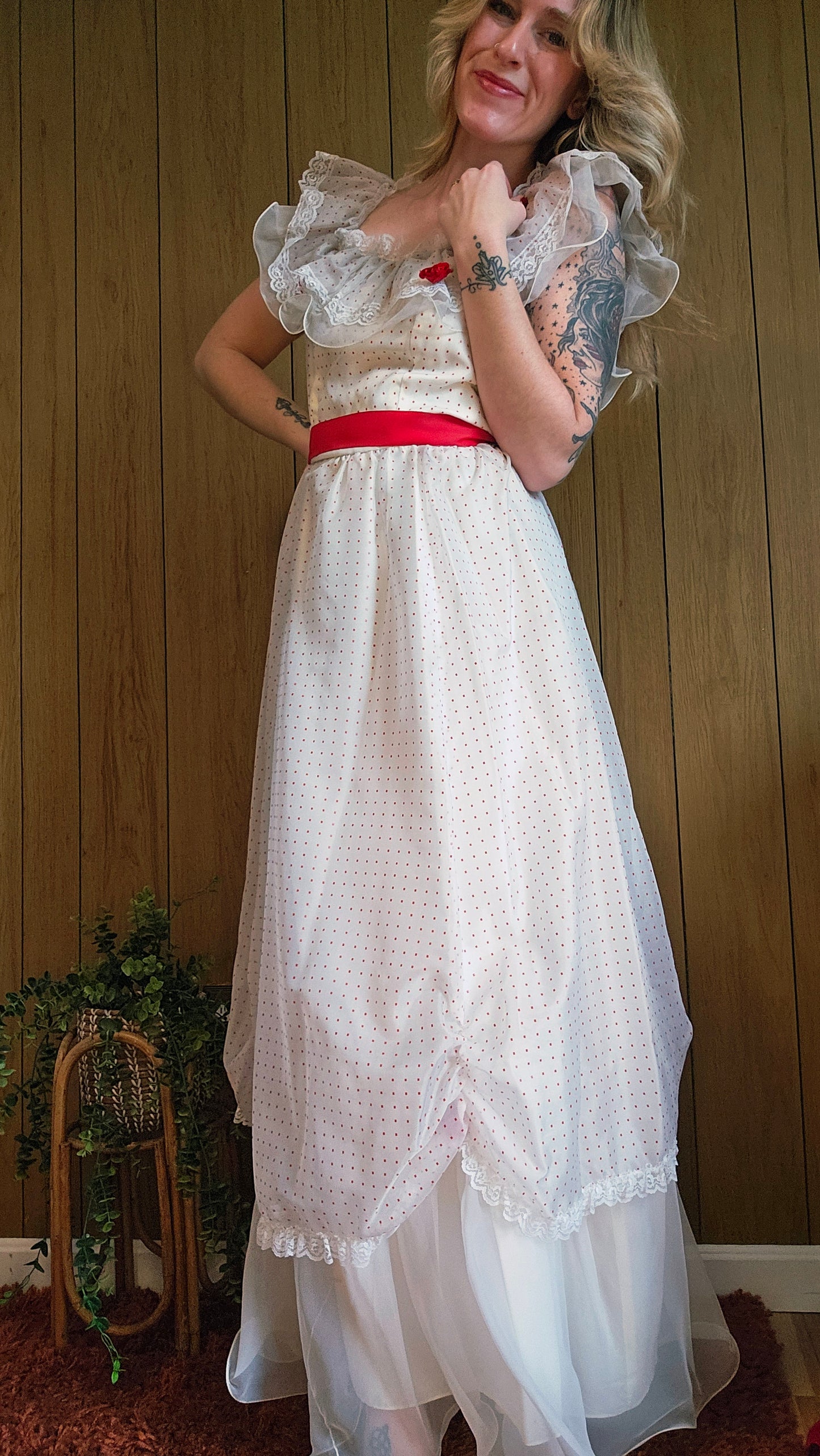 70s Romantic Red & White Dress (M)