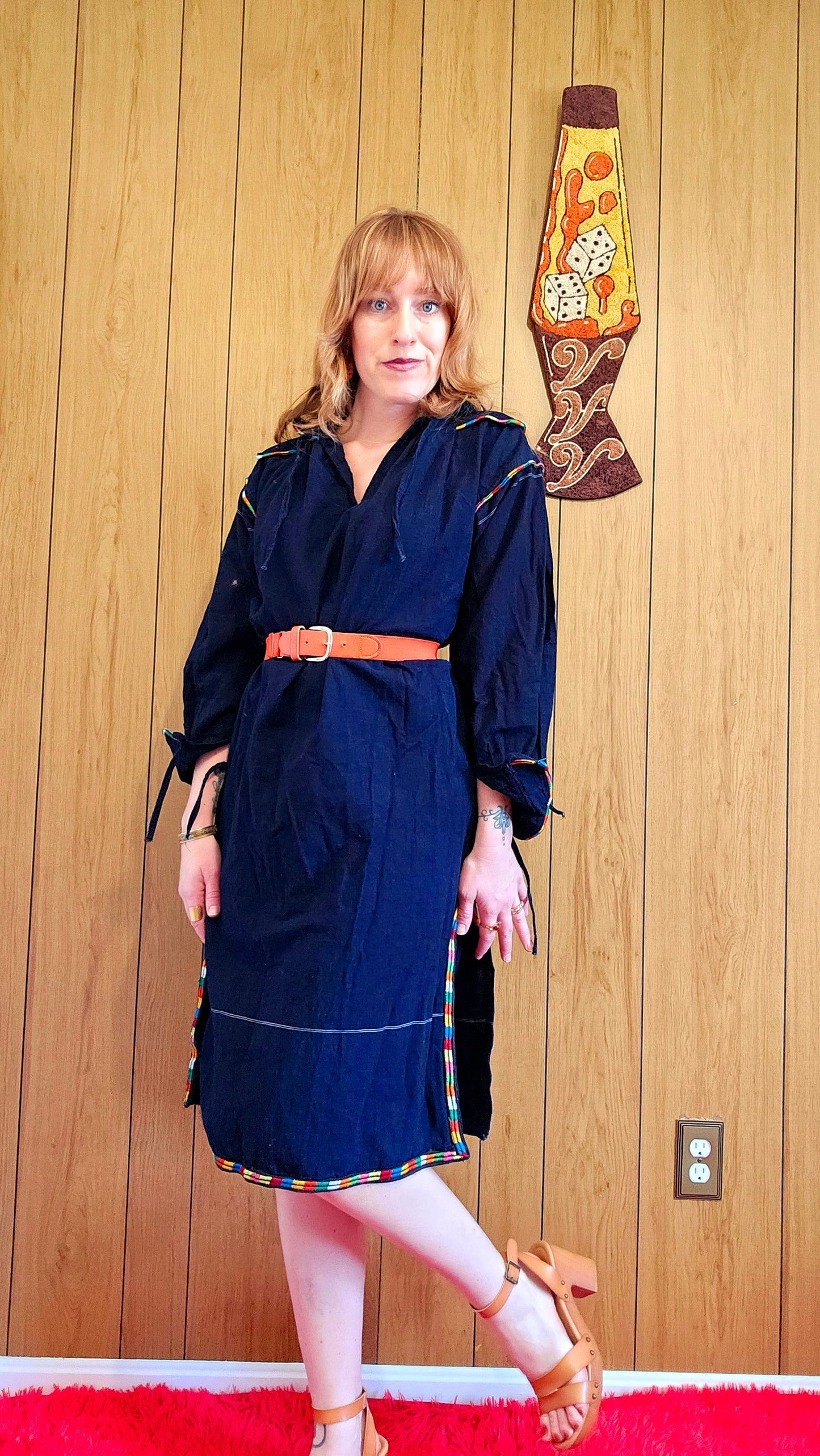 60s Navy Blue Dress with Rainbow Embroidery (M/L)