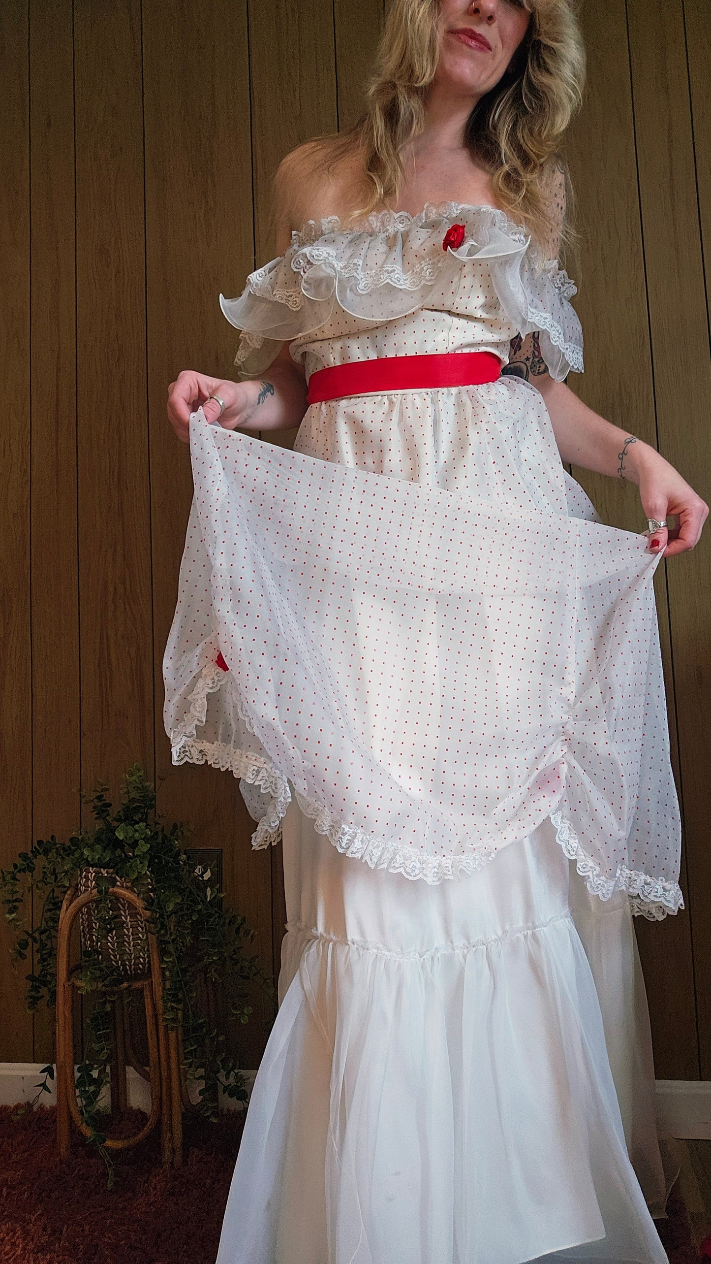 70s Romantic Red & White Dress (M)