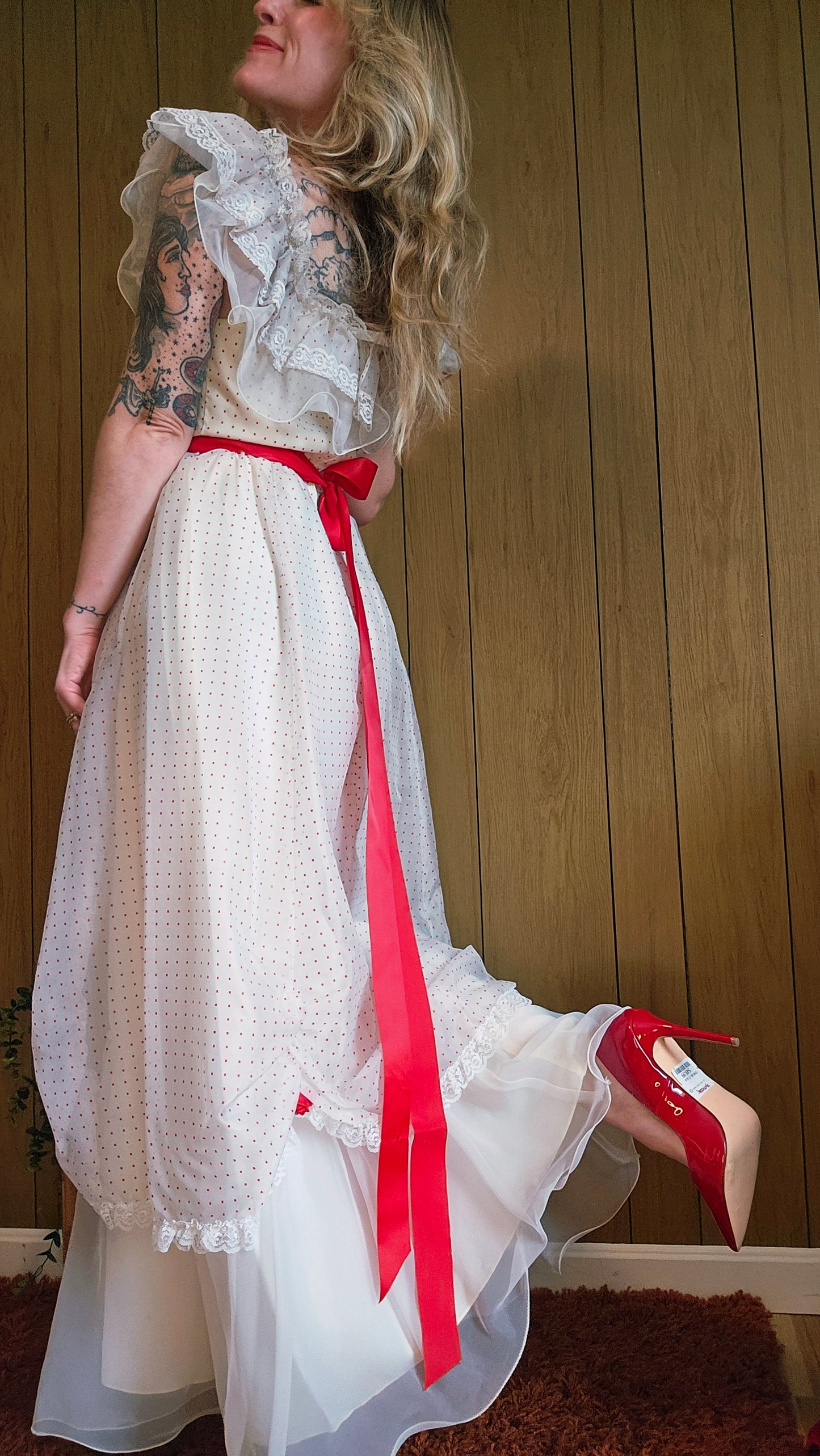 70s Romantic Red & White Dress (M)