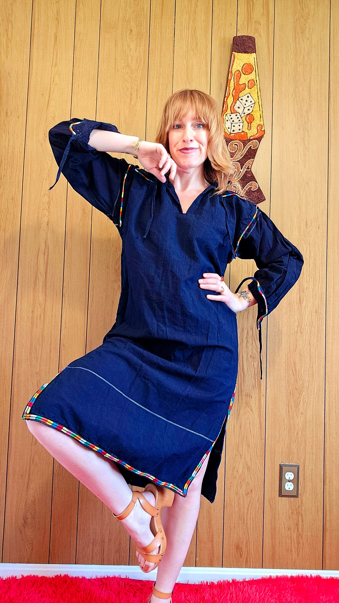 60s Navy Blue Dress with Rainbow Embroidery (M/L)