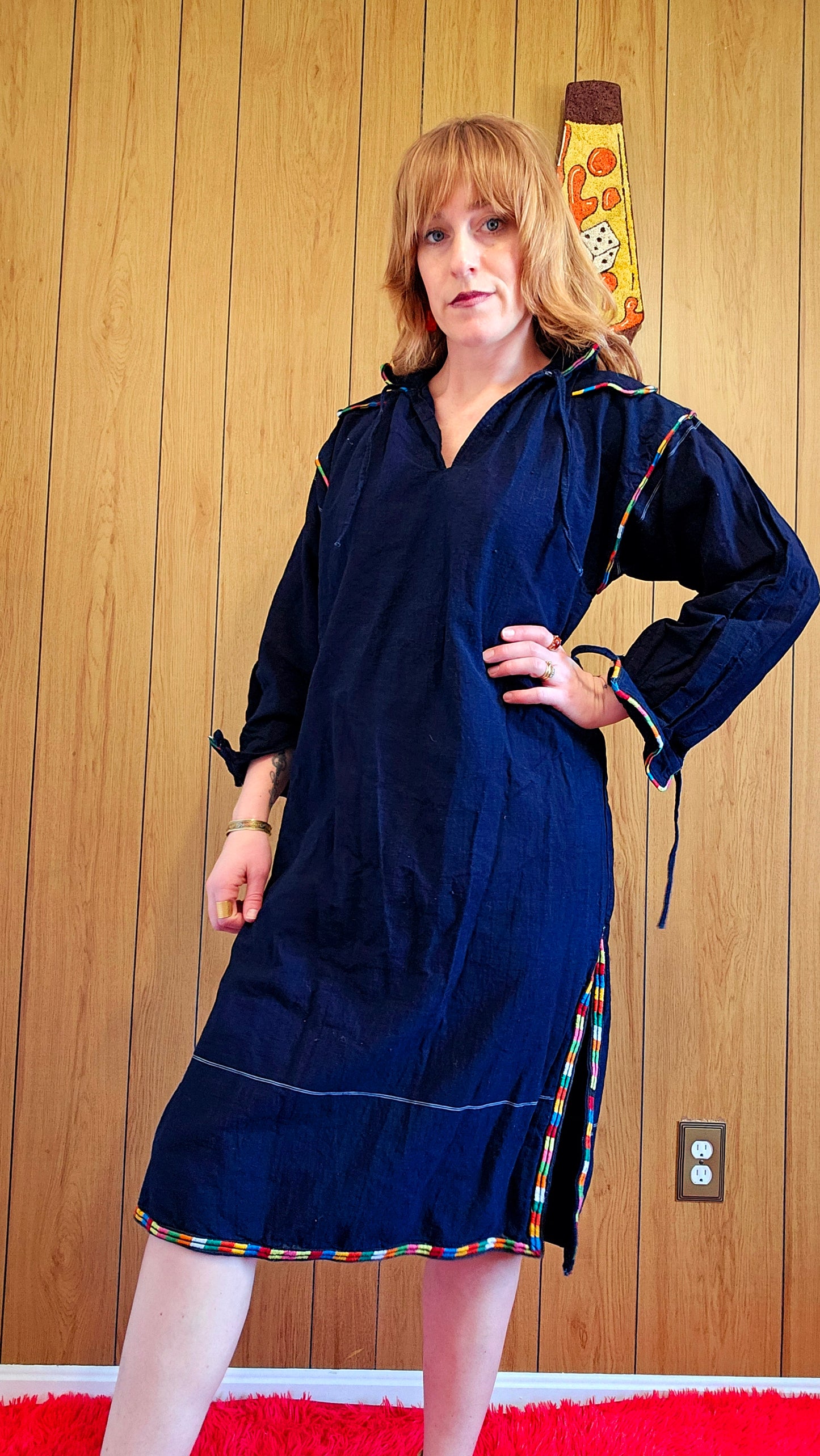 60s Navy Blue Dress with Rainbow Embroidery (M/L)