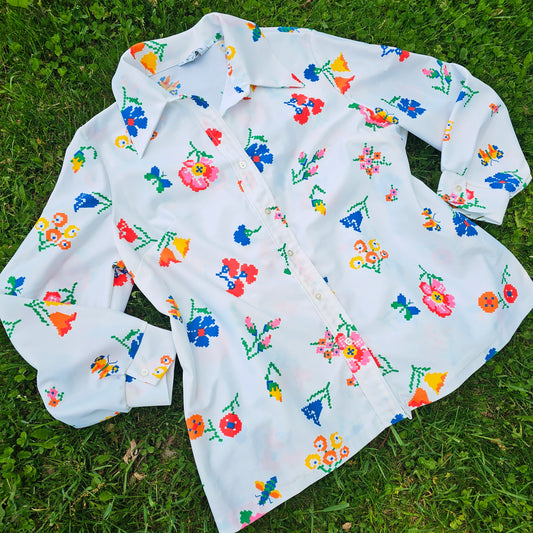 60s/70s Cross Stich Print Button Down Top (1X)