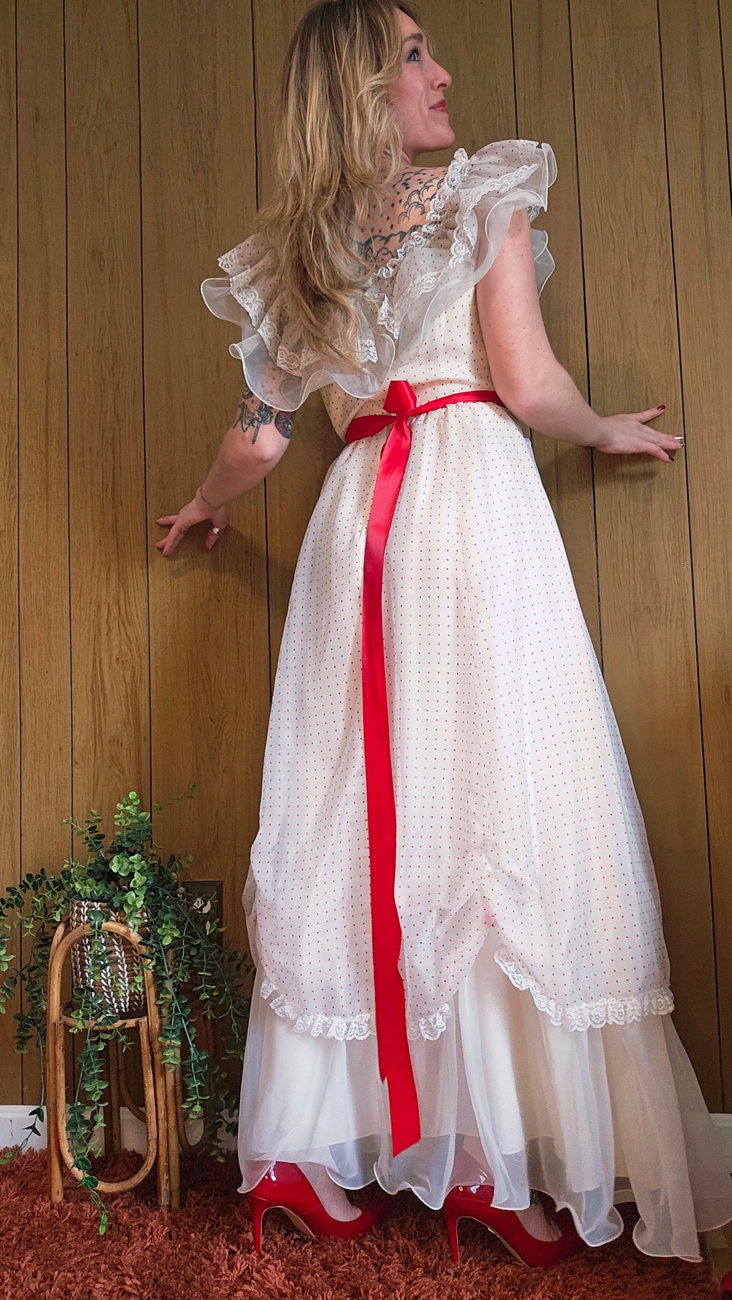 70s Romantic Red & White Dress (M)