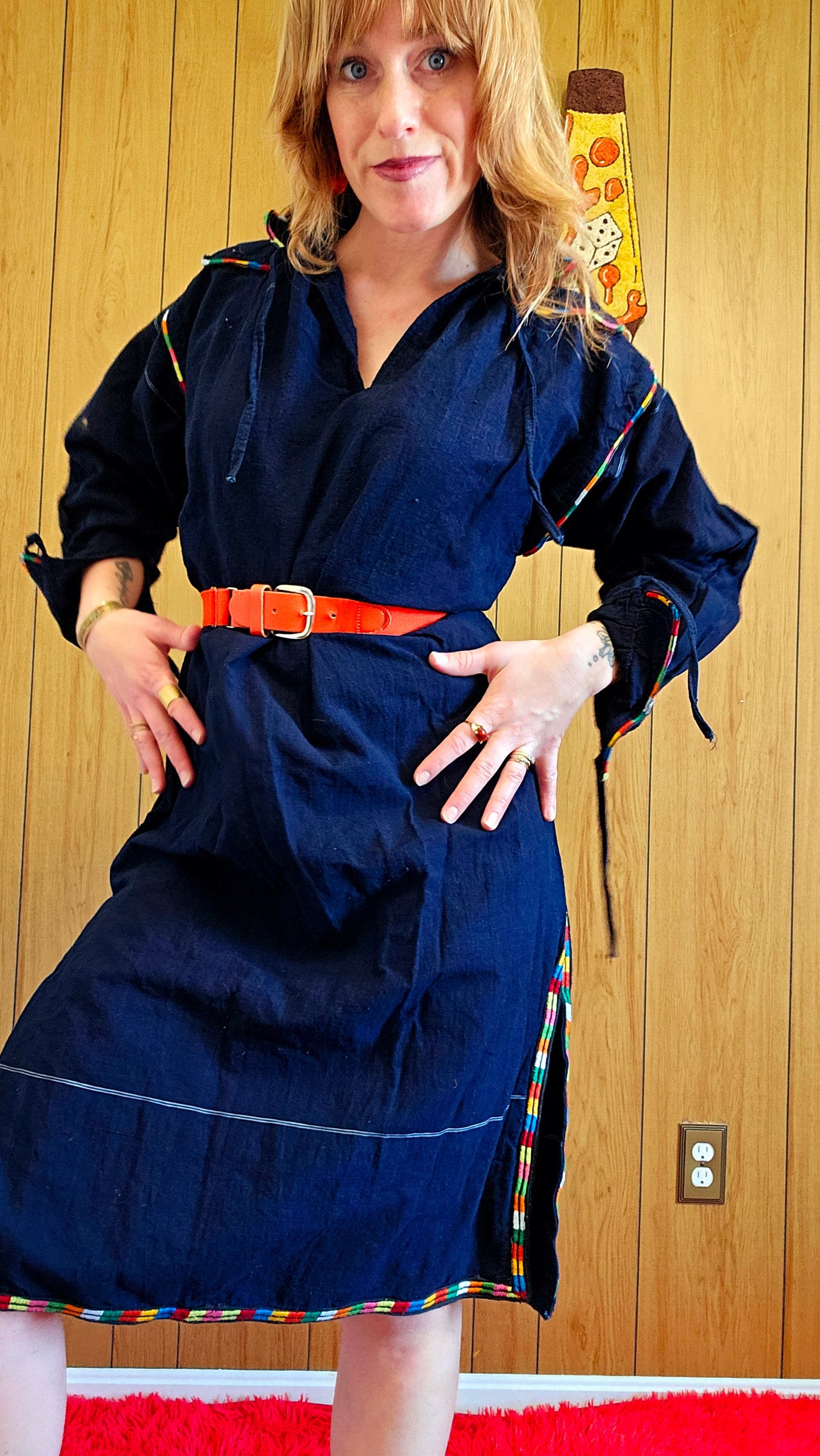 60s Navy Blue Dress with Rainbow Embroidery (M/L)