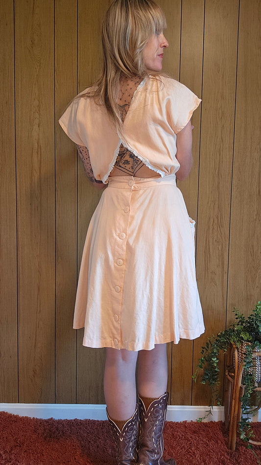 60s Lace Accented Open Back Dress w/ Pockets (S)