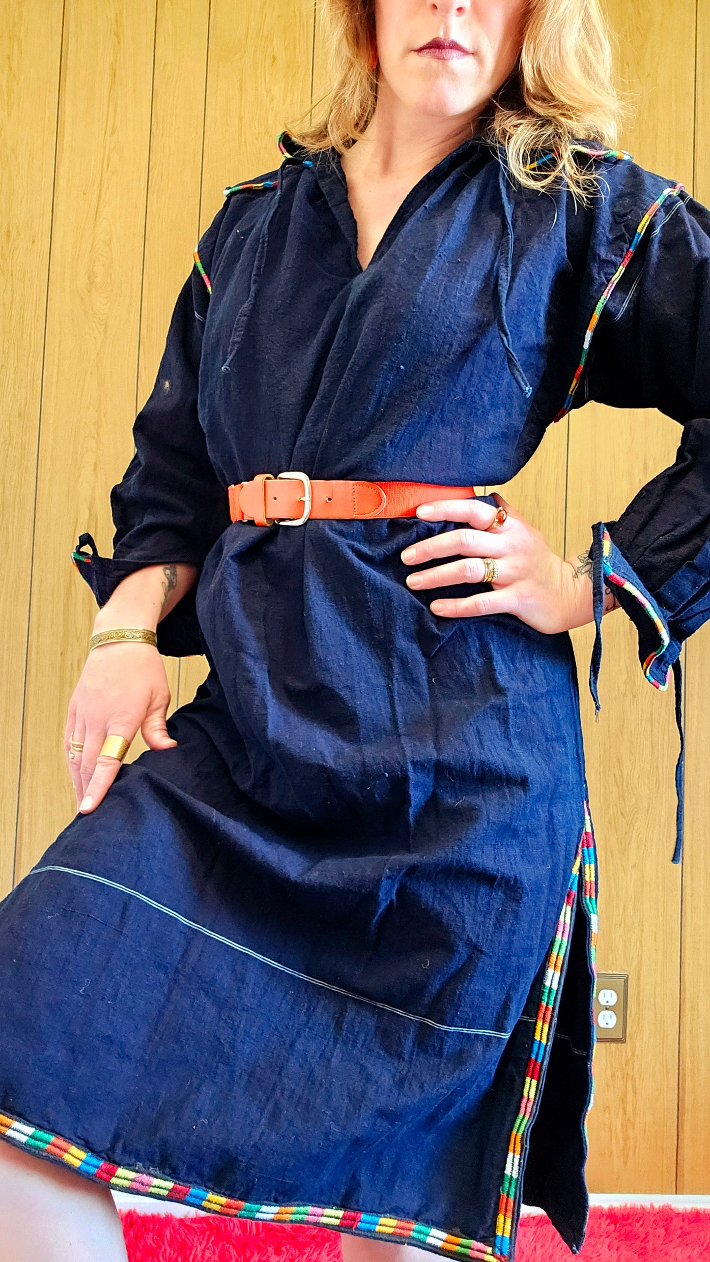 60s Navy Blue Dress with Rainbow Embroidery (M/L)