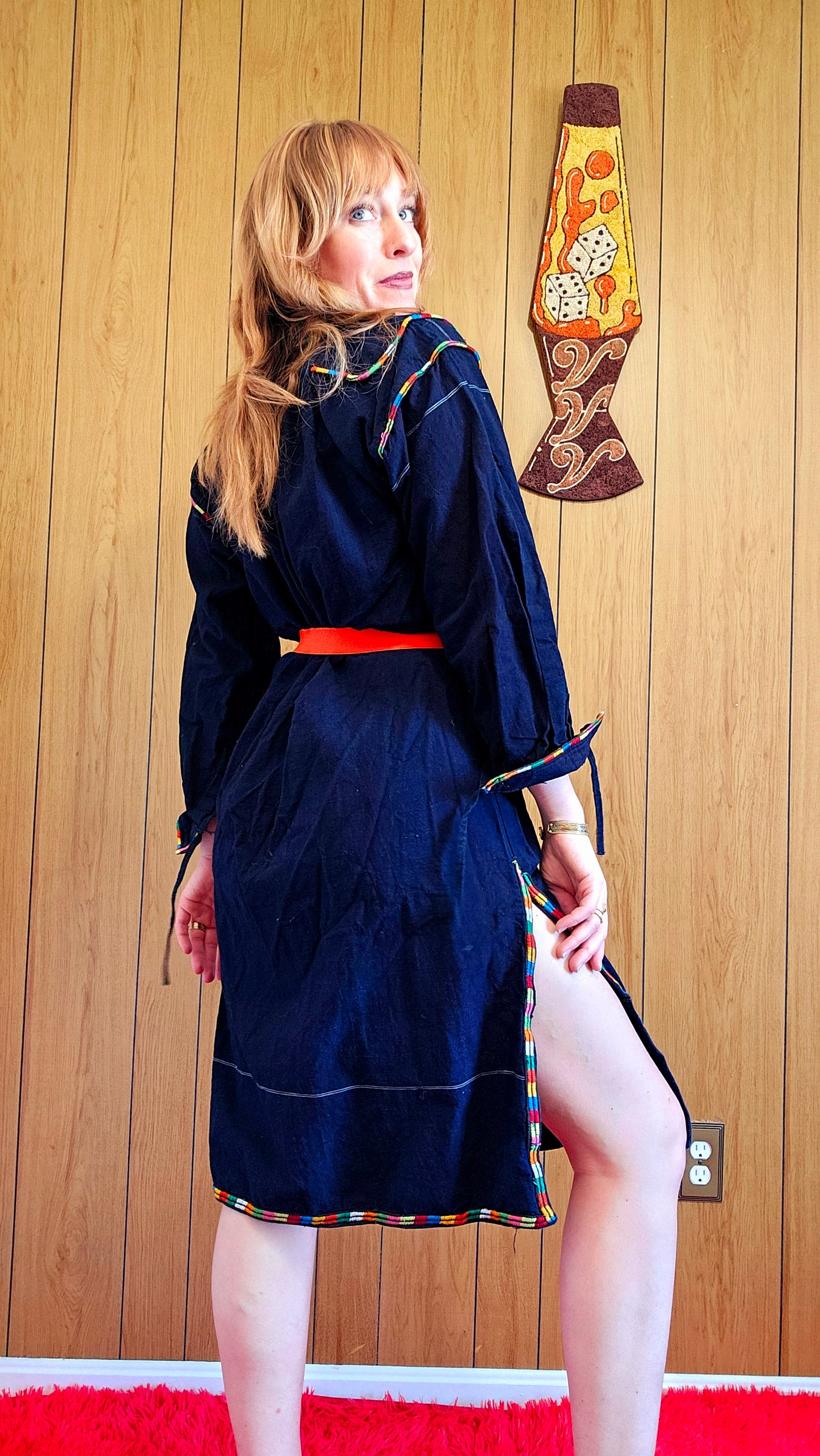 60s Navy Blue Dress with Rainbow Embroidery (M/L)