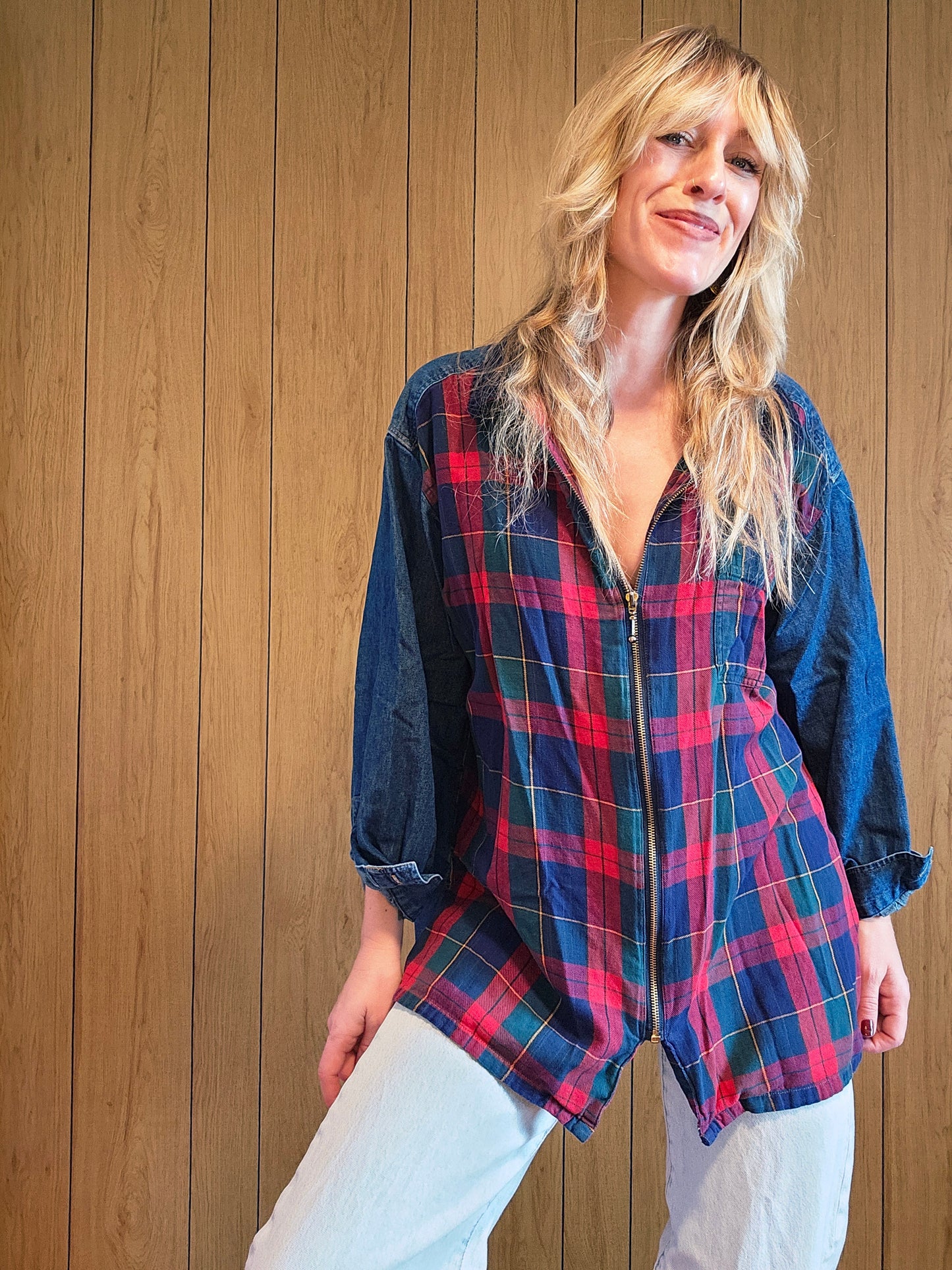 90s/Y2K Plaid Full Zip Top (XL)