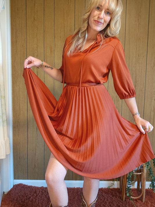 60s/70s Accordian Pleated Rust Colored Dress (S-L)