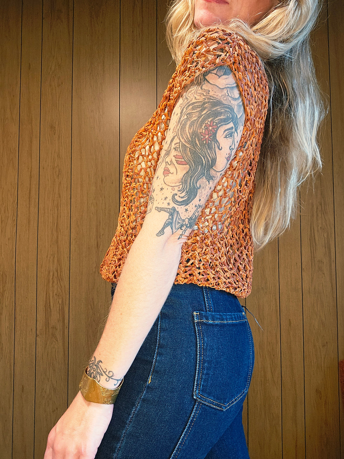 60s Suede Leather Knit Top (M)
